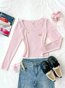 SHEIN Pink Scoop Neck Long Sleeve Cute T-Shirt For Teen Girls With Asymmetrical Hem Cute Tops Teen Girl Clothes Long Sleeve Tops Cute Clothes Girls Clothes Fall Winter - Pink - View 4