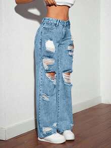 SHEIN Tall Women's Blue Mid-Waist Ripped Fashionable Versatile Straight Loose Fit Jeans - Light Wash - View 3