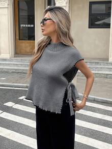 Serisse 休闲宽松女士针织毛衣背心，适合秋冬季日常穿着 - 灰色 - 查看 4