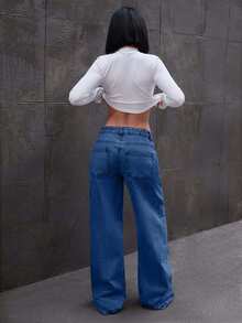 EURMUSE LOW RISE WIDELEG JEAN WITH BOW DETAILS - Navy Blue - View 2