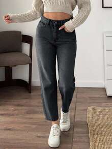 EURMUSE High Waist Slant Pocket Casual Mom Fit Jeans - Dark Grey - View 6