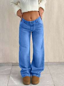 EURMUSE PETITE CASUAL LOW WAIST BAGGY LOOSE STRAIGHT LEG JEAN - Baby Blue - View 7