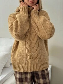 EURMUSE Women's Solid Color Minimalist Turtleneck Long Sleeve Cable Knit Sweater Brown Sweater Brown Knit Set Sweater Set,Jumper,Cream Jumper,Jumpers,Christmas Jumper,White Jumper,Black Jumper,Ladies Jumper,Women's Jumpers - Camel - View 3