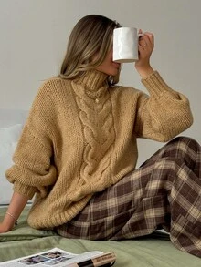 EURMUSE Women's Solid Color Minimalist Turtleneck Long Sleeve Cable Knit Sweater Brown Sweater Brown Knit Set Sweater Set,Jumper,Cream Jumper,Jumpers,Christmas Jumper,White Jumper,Black Jumper,Ladies Jumper,Women's Jumpers - Camel - View 2