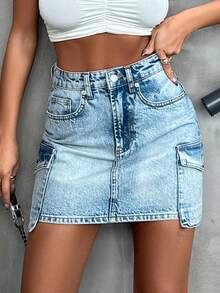 EURMUSE Cargo Pocket Details Mini Skirt - Light Wash - View 4