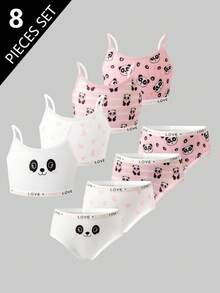 4pcs/Set Girls Young Girl Cute Panda Heart Love Print Ribbon Camisole Top & Soft Sweet Heart Print Briefs Underwear Set - Multicolor - View 1