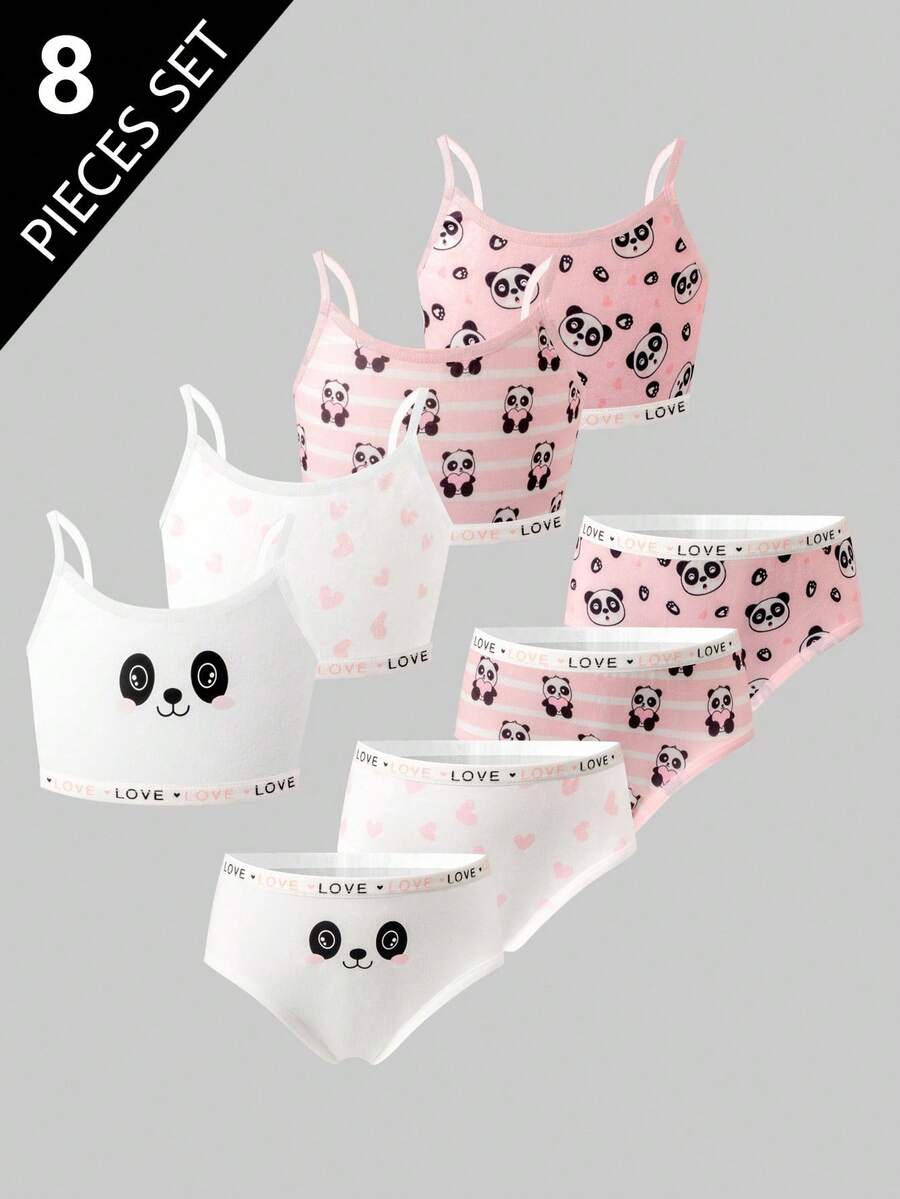 4pcs/Set Girls Young Girl Cute Panda Heart Love Print Ribbon Camisole Top & Soft Sweet Heart Print Briefs Underwear Set - Multicolor - View 1