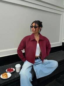 Muchica 女士秋冬休闲百搭酒红色落肩长袖口袋夹克 - 酒紅色 - 查看 4