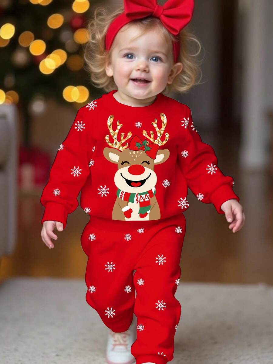 SHEIN 女婴圣诞节可爱卡通驯鹿和雪人印花，休闲宽松红色节日圆领柔软针织毛衣和裤子套装，适合秋冬季圣诞节 - 彩色 - 查看 1