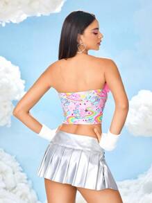 SHEIN X Care Bears 女款 Y2K 可爱小熊印花拼接蓬松修身短款抹胸，夏季 - 粉色 - 查看 2