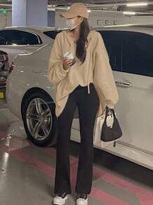 DAZY Áo nỉ trùm đầu dáng rộng màu trơn dành cho nữ, trang phục mùa thu - Màu Khaki - Xem 3