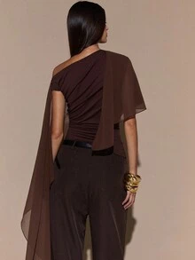 SHEIN BAE Women's Asymmetric Shoulder Ruched Neck Tie Blouse, Elegant Knit Top, Autumn/Winter,Blusas Femininas Elegante