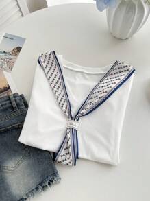 Franclia 女式 V 领短袖休闲百搭 T 恤，蝴蝶结领口设计