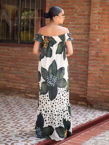 Melissa Matos Women's Fashion Floral Print Off-Shoulder Super Long Dress, Vacation Style Women Dresses Summer African Woman Clothing New Arrivals Women Dress African Dress Dresses For Women Summer Spring,Bohemia - Multicolor - View 2