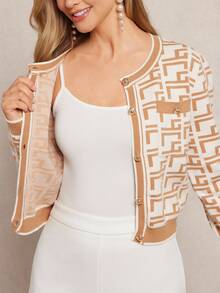 Amorya 女式优雅针织撞色复古卡其色花卉图案开衫，秋季 - 彩色 - 查看 5