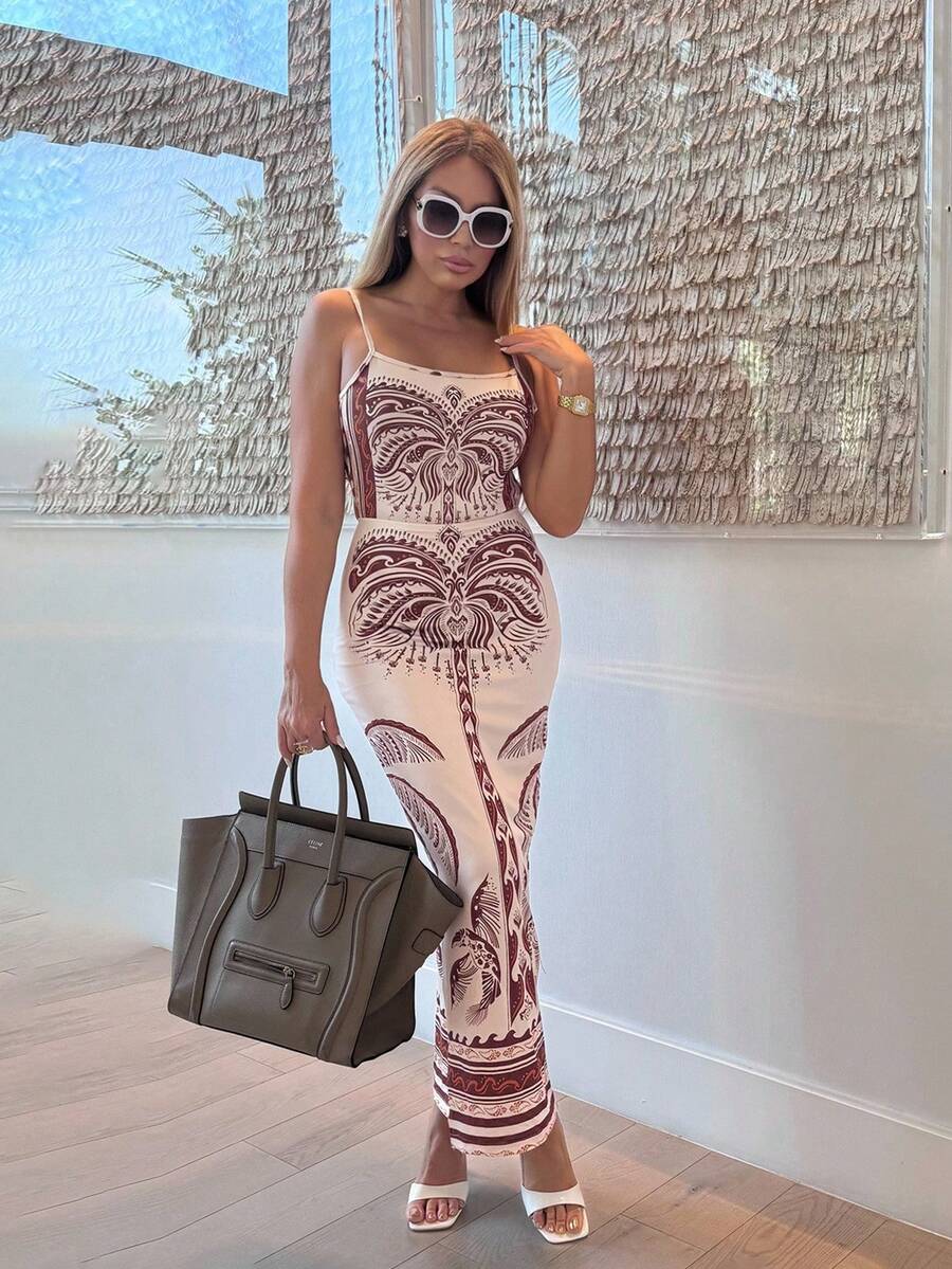 Cioccolato 优雅性感通勤休闲假日长裙，花卉波西米亚风格女式吊带裙，修身贴臀 - 杏色 - 查看 1