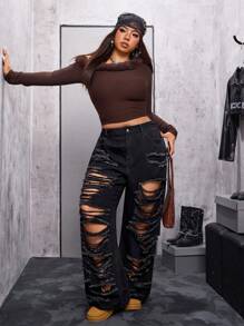 Flirla Plus Size Women Distressed Pocket Wide Leg Loose Casual Versatile Jeans - Black - View 6