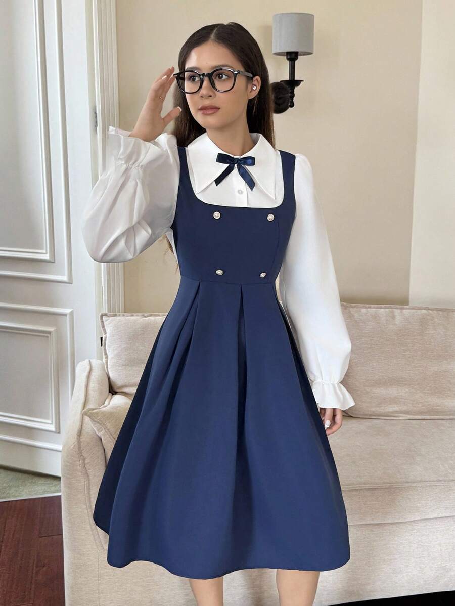 Navy Blue Long Sleeve Elegant Commuter Dress For Teenage Girls Fall Winter - Navy Blue - View 1