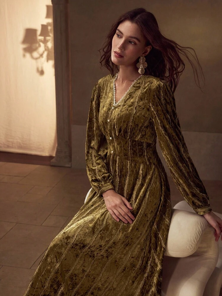 VELVET V-NECK BEADED DECOR LANTERN SLEEVE A-LINE DRESS
