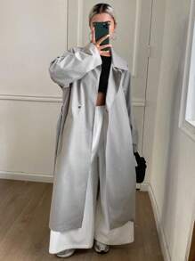 Livesso 女士时尚简约腰带长款风衣女式夹克，秋季女装 - 灰色 - 查看 3