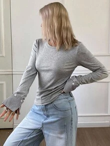 Livesso Women's Round Neck Long Sleeve Plaid Patchwork Casual T-Shirt