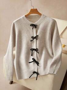 Elaquor 秋冬大码休闲蝴蝶结装饰开衫 - 杏色 - 查看 3