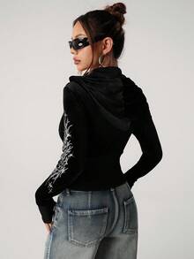 SHEIN ICON 水钻装饰天鹅绒连帽束腰夹克黑色天鹅绒短款连帽衫秋冬款 - 黑色 - 查看 2