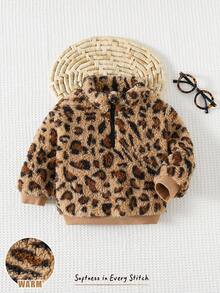 Cozy Pixies Baby Girl Leopard Print Thermal Lined Stand Collar Half-Zip Pullover Sweatshirt Leopard Print Baby Clothes Baby Girl Leopard Jacket Fall Winter - Brown - View 6