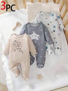3件套新生儿可爱星星印花长袖连体睡衣，新生儿星星秋冬睡衣 - 彩色 - 查看 5