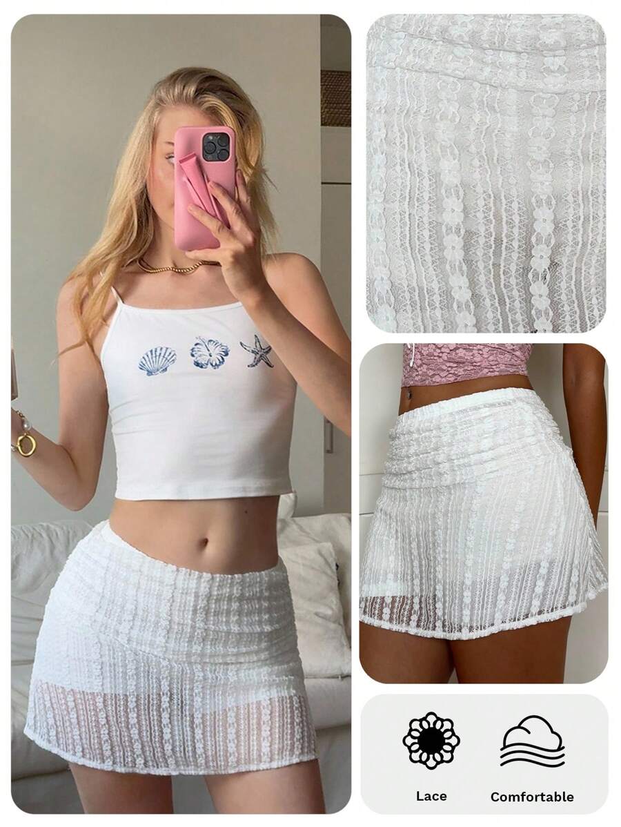 CovetEZ Lace Casual Women Floral Jacquard Pleated Mini Skirt - White - View 1