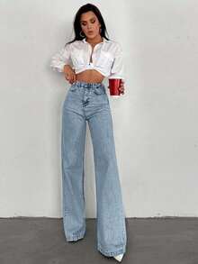 SHEIN Tall 100%Cotton HIGH WAIST WIDE LEG LONG HEM TALL JEAN - Baby Blue - View 4