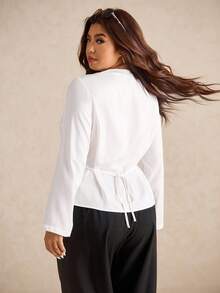 Elaquor Áo sơ mi tay dài cổ chữ V khóa kim loại màu trơn cỡ lớn - trắng - Xem 2