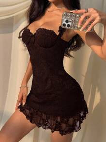 MainGRL 女式棕色花卉蕾丝蝴蝶结装饰修身无袖迷你连衣裙 - 棕色 - 查看 5