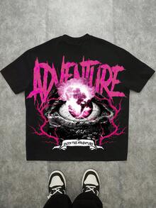 SHEIN Teen Boy Casual Minimalist Letter Eye Print Short Sleeve Round Neck T-Shirt, Suitable For Summer, Social & Leisure