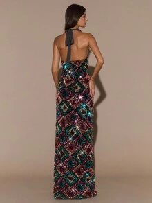 SHEIN BAE 纯黑色性感低胸露背优雅亮片连衣裙、小黑裙、鸡尾酒会、亮片黑色连衣裙、露背连衣裙、派对、万圣节、优雅连衣裙 - 黑色 - 查看 7