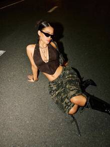 SHEIN ICON Sexy PU Leather Lace-Up Backless Halter Top, Summer Brown Top