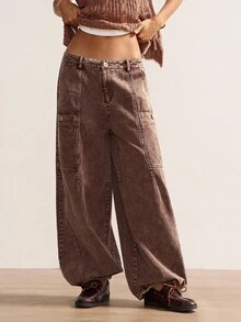 Bohemela Pantalones rectos sueltos de unicolor casual para mujer - Marrón - Ver 3