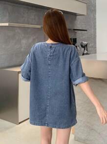 SHEIN 少女 Y2k 上衣 2000 年代风格宽松大码牛仔上衣，圆领，落肩，五角星磨损设计，垃圾朋克服装，女孩秋冬返校返校节服装套装，纽扣后背牛仔衬衫