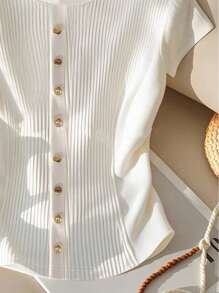 GlowEve Women's Plain Crewneck Short Sleeve Ribbed Knit Top - White - View 5