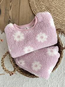 LMoss Kids LMoss Kinder 2 Stücke Set aus Strickpullover und Leggings für Babys mit Blumenmuster und Rundhalsausschnitt, Fleece-Set für Babys und Kleinkinder, Winterkleidung für Babys und Kleinkinder, Sherpa-Set mit Blumenmuster, zweiteiliges Set für Babys und Kleinkinder, warmes Set