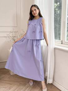 SHEIN Teen Girl Bow Decor Camisole & Mini Skirt Set - Violet Purple - View 7