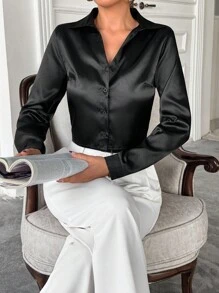 EURMUSE Cropped Long Sleeves Satin Blouse, V-Neck Style, Party Wear, Fitted Cut, Satin Look Material, Evening Fashion, Dressy Style, Sophisticated Design, Chic Fashion, Festive Wear, Modern Cut - Black - View 7