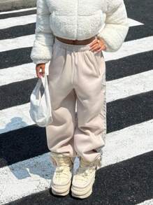 SHEIN EZwear Pantalones de chándal casuales y sueltos con forro térmico y patrón bordado, pantalones de chándal Y2K, pantalones de chándal holgados, otoño - Caqui - Ver 4