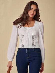 Enchnt Autumn And Winter Romantic Women Elegant Commuter White Lace Trim Square Collar
Puff Sleeves  Blouse, Suitable For Vacation,Sweet&Date&Holiday&Graduation&Beach,Fall Blouse For Women,Fall Clothes,Bohemian Clothes