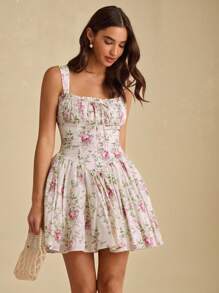 Enchnt 秋冬浪漫女士杏色花卉印花褶皱胸围吊带迷你连衣裙，甜美优雅，适合度假、约会、节日、生日、派对、毕业典礼、婚礼宾客、办公室和外出，舞会礼服，女士秋冬连衣裙，女士秋冬服装，返校，优雅的派对连衣裙， - 杏色 - 查看 4