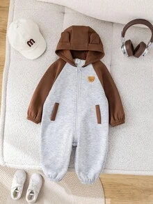 SHEIN Newborn Baby Unisex Plush Bear Hooded Jumpsuit, Casual Color Block Design, Autumn/Winter Baby Clothes, Baby Halloween Costume Newborn Baby Boy Winter Clothes Hooded Baby Jumpsuit Baby Boy Winter Jumpsuit Zip Up Baby Jumpsuit Fall - Multicolor - View 9