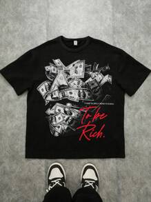 SHEIN Bolty Tween Boys' Casual Minimalist "To Be Rich" Skull & Dollar Bill Graphic Hiphop Print Round Neck Short Sleeve T-Shirt, Suitable For Summer - Black - View 1