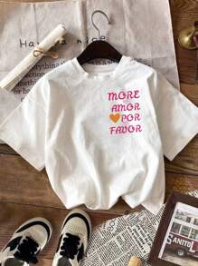 SHEIN LUNE 女士休闲心形和字母印花 T 恤，夏季 - 白色 - 查看 5