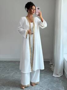 Elenzga 女士金色蕾丝拼接宽松长款休闲优雅两件套服装，适合外出、日常穿着、秋季 - 白色 - 查看 6