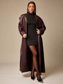 Silquee 女士纯色时尚长款翻领风衣长款外套女士长款外套皮革外套仿皮外套皮革风衣女秋冬长款外套 - 酒紅色 - 查看 1